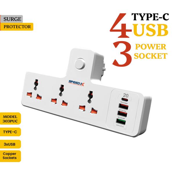 New 304puc Speed-x Premium Portable Power Strip 3socket+3usb+1type-c Port