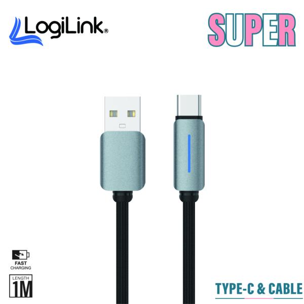 Logilink Usb To Type C Nylon Fast Charging Data Cable With Light 1m (1 Year Warranty) Black