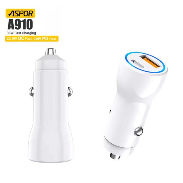 Aspor A910 Fast Car Charger Qc 3.0 Dual Aluminum Metal 38w Pd Portable