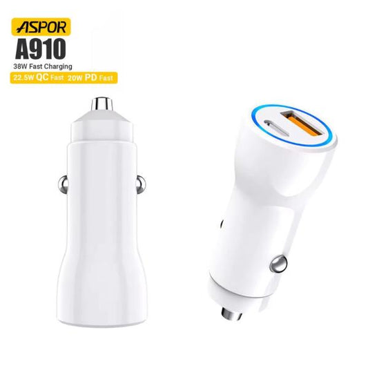 Aspor A910 Fast Car Charger Qc 3.0 Dual Aluminum Metal 38w Pd Portable