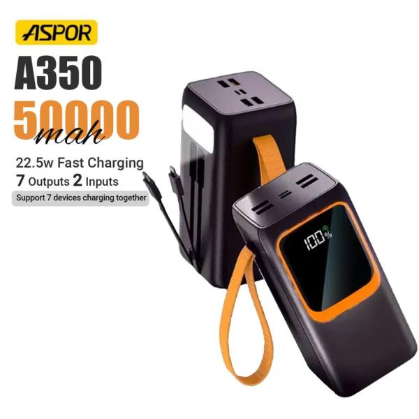 Aspor A350 22.5w 50000mah Fast Charging Type-c Micro Ios 7 Output With Built-in Flashlight Power Bank