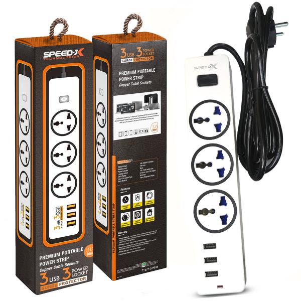Speed-x 303pu Premium Portable Power Strip 3socket+3usb Port Cabel Length 2m