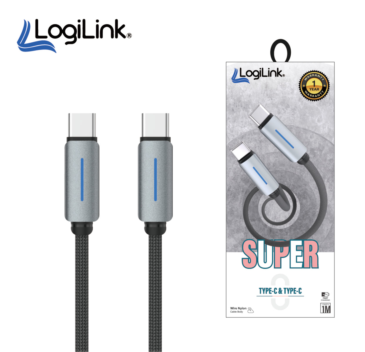 Logilink Type C To Type C Nylon Fast Charging Data Cable With Light 1m (1 Year Warranty) Grey