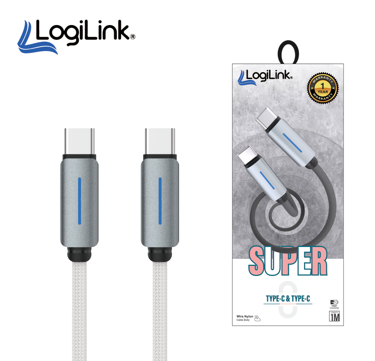 Logilink Type C To Type C Nylon Fast Charging Data Cable With Light 1m (1 Year Warranty White)