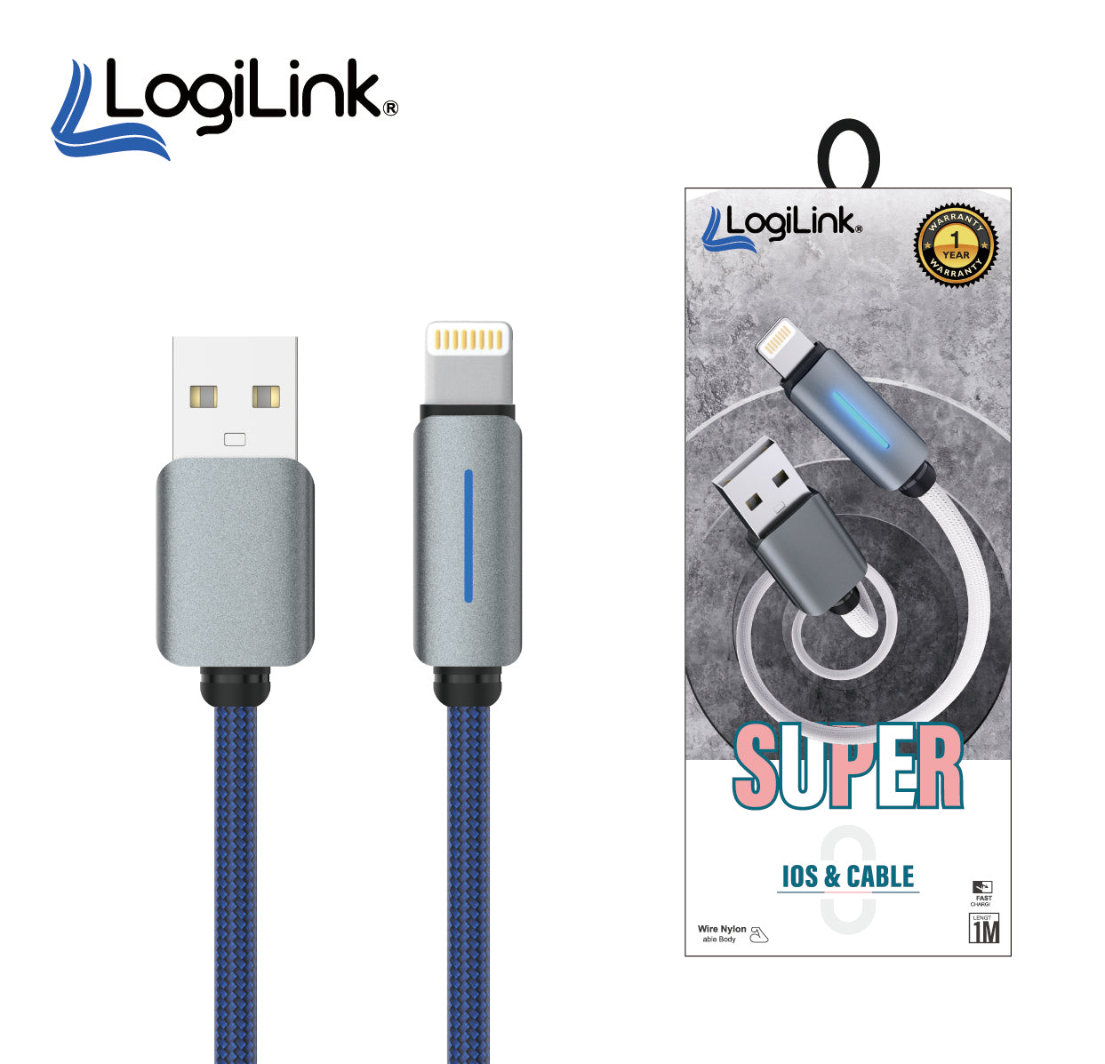 Logilink Usb To Lightning Nylon Fast Charging Data Cable With Light 1m (1 Year Warranty) Blue