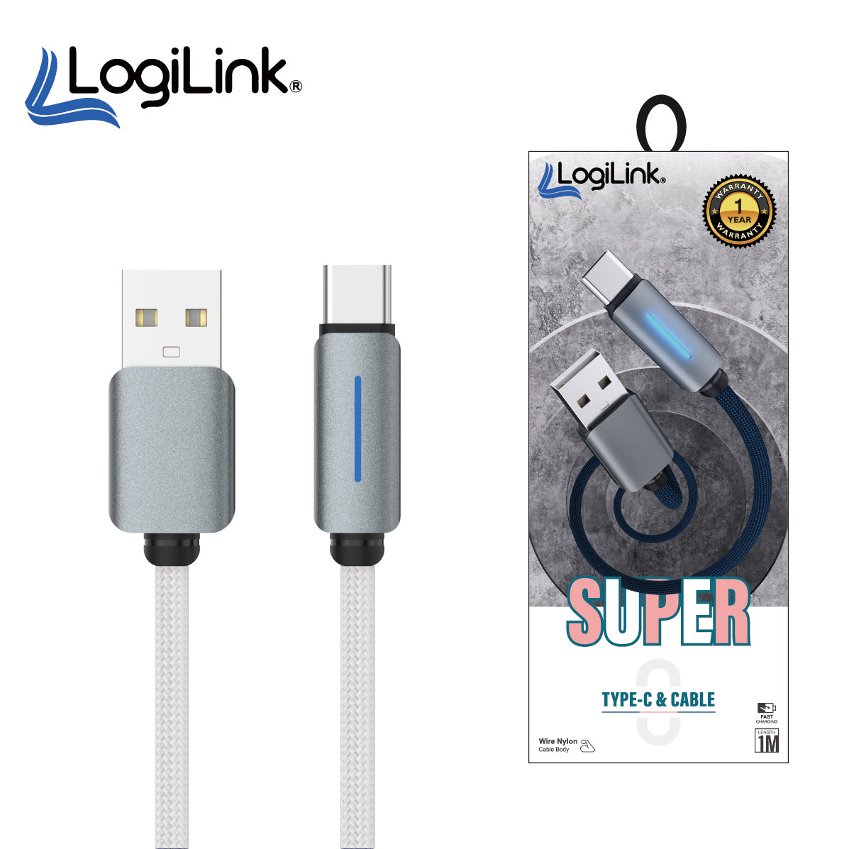 Logilink Usb To Type C Nylon Fast Charging Data Cable 1m With Light (1 Year Warranty) White