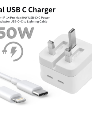 Iphone 14 Pro 3 Pin (Uk Pin) 50w Usb-C+C Power Adapter With Usb-C To Lightining Cable